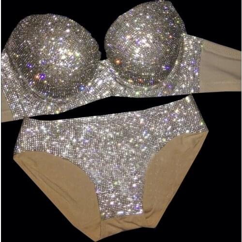 Sexy Lingerie Glisten Bra Short Outfit Nightclub bar DJ singer Ds costumes Set High quality hot drilling bikini Dance costumes