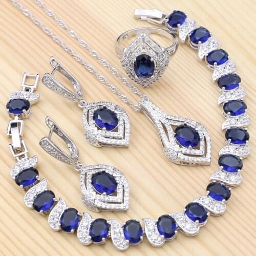 925 Sterling Silver Bridal Jewelry Set for Women Party Blue Cubic Zirconia Ring Bracelet Necklace Pendant Earrings Set
