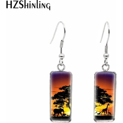 2020 New Sunset with Wild Animals Earring Abstract Tree Rectangular Hook Earrings Glass Cabochon Jewelry Handmade