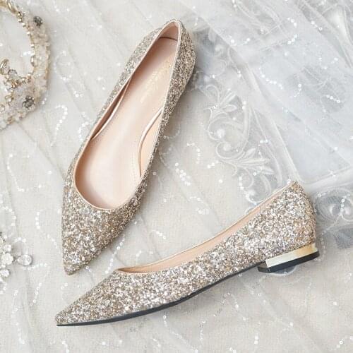 Wedding shoes women flat 2021 new wedding bride silver hundred pregnant women flat-heeled bridesmaid shoes sequin crystal shoes