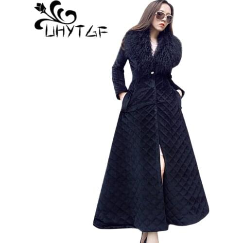 UHYTGF Fashion Spring Autumn Lattice Female Parka Big fur collar Pure Color Slim Long Cotton Windbreaker Coat Women Jacket 144