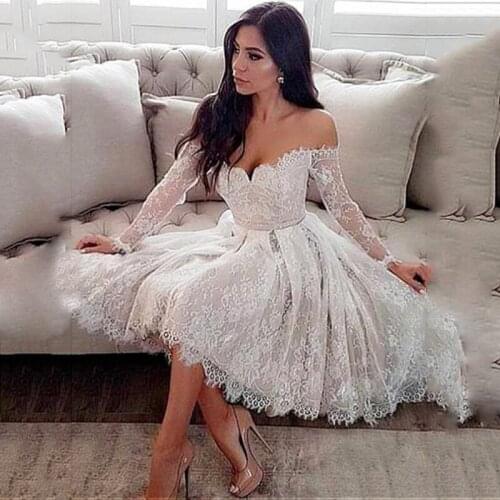 Vintage Boho Lace Wedding Dress Off The Shoulder Knee-length Long Sleevevs Bridal Wedding Gowns vestidos de noiva