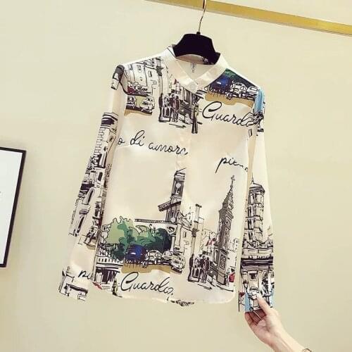 Women Shirt Long Sleeve Autumn Summer O-Neck Vintage Print Chiffon Blouse Shirt Casual Shirt Plus Size Office Ladies Tops blusas