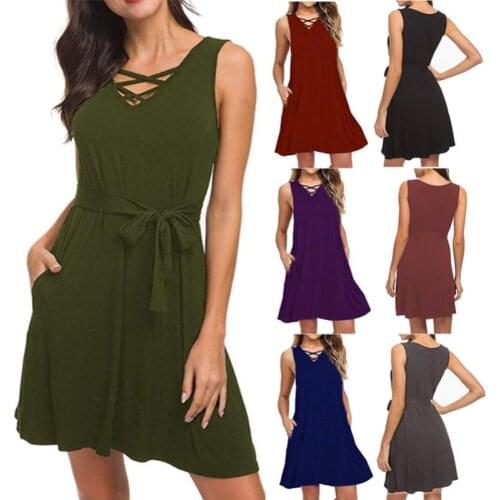 2021 European and American Cotton Dresses for Women New Sleeveless V-neck Belt Summer Midi Skirt Polyester Street Style