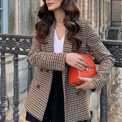2021 Fashion Autumn Women Plaid Blazers Jackets Work Office Lady Suit Slim Double Breasted Business Female Blazer Coat Talever
