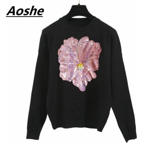 Runway Designer Pullover 2018 New Brand Flower Sequins Beading Novelty Sweater For Women Winter Jumper Casual Knitted Tops