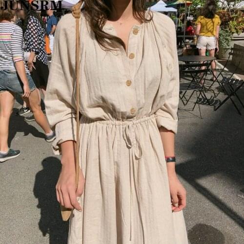 Long Sleeve Round Collar Cotton Long Dress Women Summer Shirt Dress Vintage Slim Waist Drawstring Buttons Linen Sundress 2020
