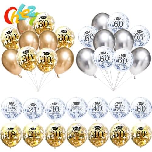 10pcs/lot 12inch Happy Birthday Balloon 18 21 30 40 50 60 Anniversary Chrome Metallic Latex Confetti Balloons Decor Party Decor