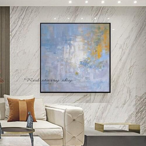 100% handmade modern abstract oil painting on canvas blue yellow wall art decoration frameless