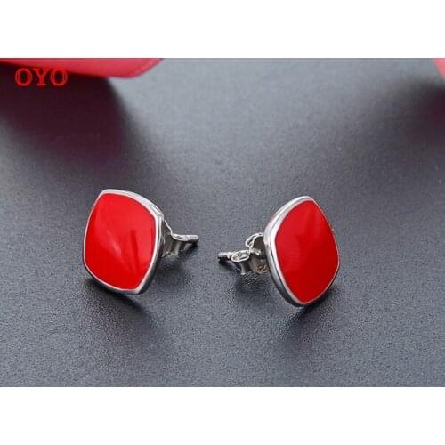 100% S925 Silver Drop Oil Red Geometric Personality Stud Earrings