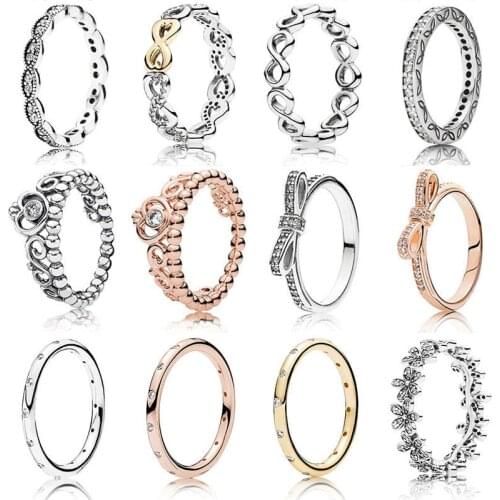 12 Style Classic Silver Color Rings With Rose Gold Bow Crown Daisy Crystal Wedding & Party Ring For Women Jewelry