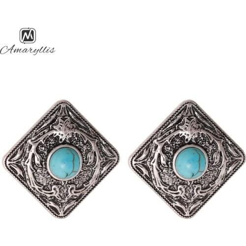Amaiyllis Vintage Tibetan Metal Square Stud Earrings For Women Indian Round Stone Post Earrings Ethnic Statement Earrings Brinco