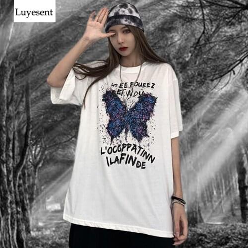 White Black Harajuku Women Basic T-shirts 2021 Summer Lady Cool Butterfly Print Hipster Street TShirt O Neck Rock Fashion Top