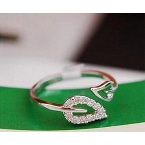 Leaf Rings Double Leaves Rhinestone Crystal Open Ring Knuckle Adjustable Gold Color Silver Women Girls Wedding Bands Jewelry