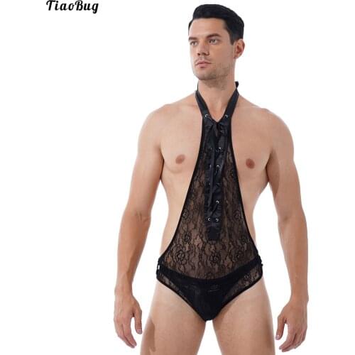 TiaoBug Men Floral Lace Deep V One-Piece Bodysuit Sissy Gay Nightwear Halter Lace-Up Open Butt See-Through Leotard Sleepwear
