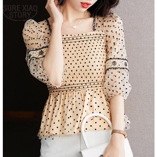 Korean Fashion Blouse Sweet Polka Dot Chiffon Shirt Women 2021 Summer New French Shortsleeve Shirt Short Tops Blusa Mujer 14725