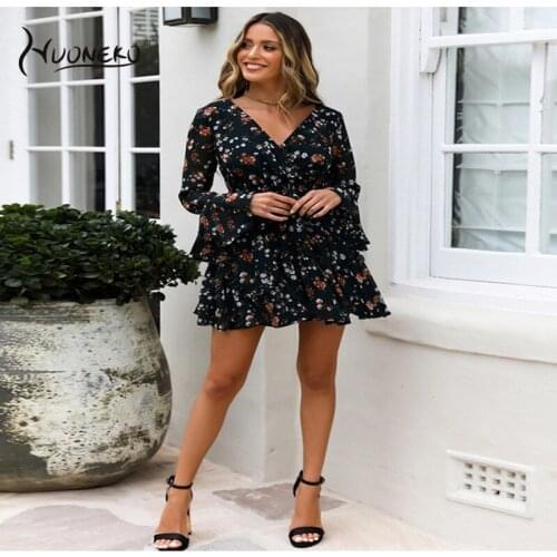 Summer Casual V-Neck High-Waist Sexy Women Dress Sleeve Ruffles Print Short Fashion Holiday Boho Dress 2021 Vintage DressWDR09