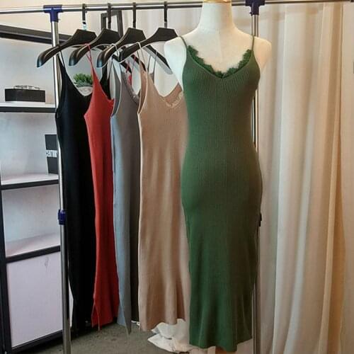 Summer 2020 New Woman Knitted Tank Dress Casual Spaghetti Strap Dress Women V-Neck Lace Patchwork Knitted Dress