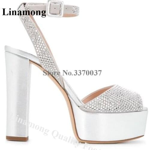 Linamong Bling Bling Rhinestone Peep Toe High Platform Chunky Heel Sandals Silver Black Crystal Thick High Heel Sandals