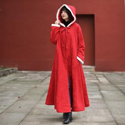 LZJN 2021 New Womens Maxi Hooded Fleece Cape Coat Wedding Cloak Winter Long Cotton Linen Trench
