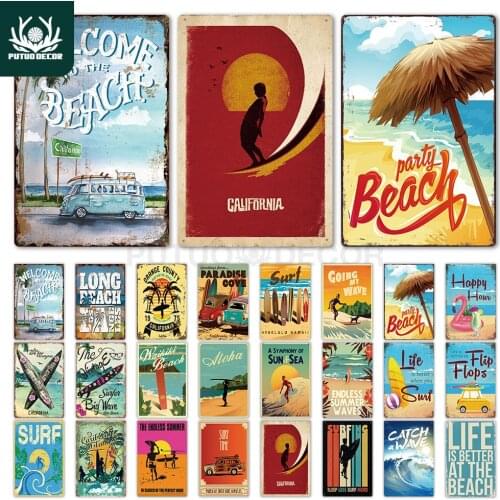 Beach Tin Sign Plaque Metal Summer Sign Metal Plate Wall Decor for Beach Bar Beach House Surf Club Decorative Iron Painting