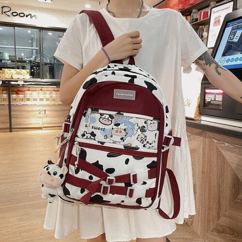 Fashion Womens Backpack Cute Pendant Cow Pattern School Bag For Girls Trendy Canvas Large Capacity Waterproof Student Backpacks