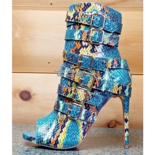 Multi Color Snake Leather Ankle Boots Peep Toe Printed Python Metal Buckle Strap Short Boots Cut-out Patchwork Dress Shoes