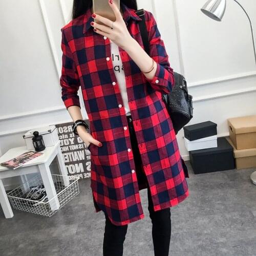 Autumn Women Long Plaid Shirt Cotton Casual Long Sleeve Red Flannel Plaid Blouses Female Tops Blusas Checks Outwear