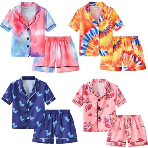Boys And Girls Pajamas Set Boys and Girls Clothing Set Pajamas Short Sleeve Top + Shorts Pajamas Silk Satin Pajamas Sets