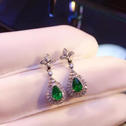 0.6ct Pear Shape 100% Natural Real Zambian Emerald Drop Earring with Diamond Fine Jewelry Solid 14K White Gold Anniversary Gift