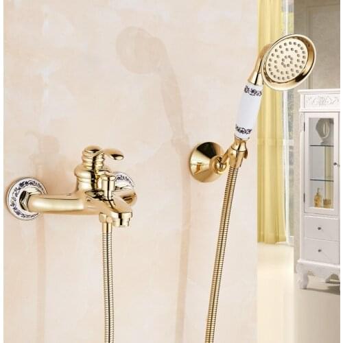 Bathroom Shower Faucet Set Hot & Cold Gold Solid Antique Brass Bathtub Mixer Tap Wall Mounted Single Handle Ceramic Base Black