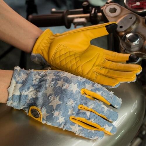 Vintage Motorcycle Gloves Denim Leather Gloves Motorcycle Race Winter Cycling Gloves