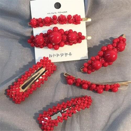 Fashion Women Full Red Pearl Hair Clips Snap Barrette Stick Hairpins Hair Styling Tools Hair Accessories Hairgrip Gift