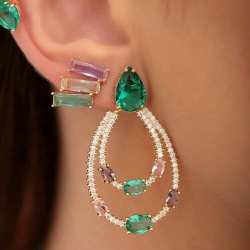 Green Big Water Drop Dangle Earrings Full pave Zirconia Colorful Crystal stone Glass Gold Color Boho 2019 Women Fashion Jewelry