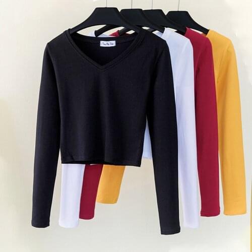 Womens T Shirt Long Sleeve Solid Cropped Tops Harajuku Clothing Casual V-neck Bodycon Tee Tops Cotton High Waist Female T Shirt