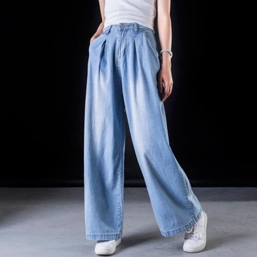 Women Summer Autumn Loose Wide Leg Denim Pants Jeans Vintage Bleached Zipper Plus Size Wide leg Trousers Washed Retro Jeans