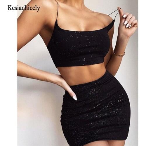 Kesiachiccly Summer Two Pieces Set Clothing Elestic Sexy Crop Tops Pencil Skirt 2 Piece Set Women Spaghetti Strap Matching Set