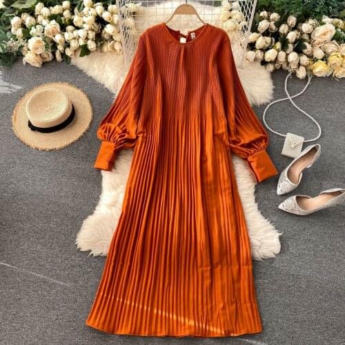 Foamlina new spring fashion full sleeve round neck long dress women lace up hollow out back a-line pleated chiffon maxi dress
