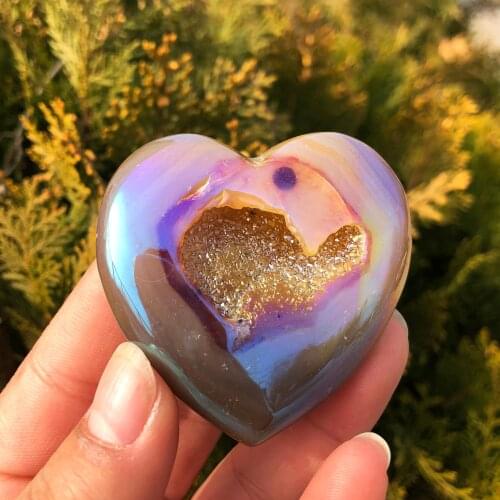 1pcs Wholesale Natural Aura Geode Agate Heart Electroplating Twinkle Crystals Star Healing Stone Hearts For Girl Gift