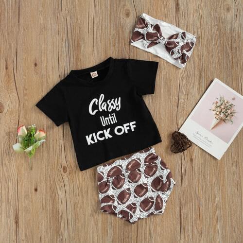 2021 0-24M Infant Baby Girl Summer Clothes Set Short Sleeve Letter Printed T-shirt+Football High Waist Triangle Shorts+Headband