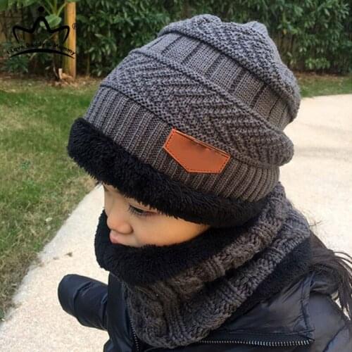 2Pcs/Set Winter Kids Hat Scarf Warm Knitting Boys Girls Caps Scarves Plus Velvet Thicken Warmer O Ring Scarf Beanie Cap