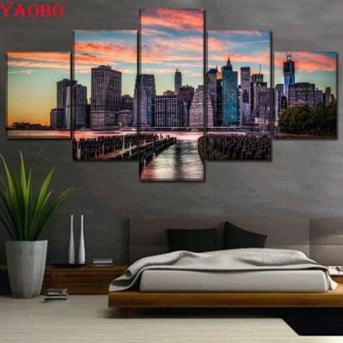 5D Full Round Square Diamond Embroidery Sale City Building Landscape Needlework 5 PCS DIY Diamond Painting Mosaic Home Decor