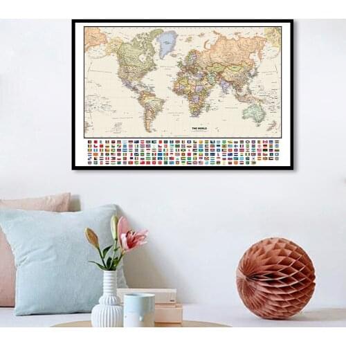 84*59cm The World Retro Map with National Flags Vintage Non-woven Canvas Painting Retro Poster Home Decor School Supplies