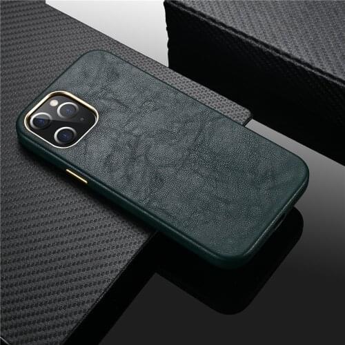 For iPhone 13 12 Pro Max Case Midnight Green Luxury Genuine Leather Back Cover For iPhone 12 Mini Case Real Leather Metal Button