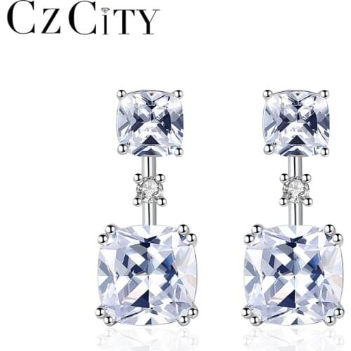 CZCITY High Quality VVS Clear Square Topaz Drop Earrings for Women 100% 925 Sterling Silver Shining Wedding Earring Fine Jewelry