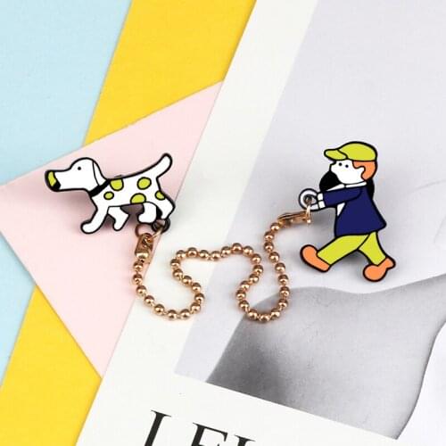 Cartoon Animal Enamel Pin Chain Walking Dog Boy Pet Brooches Badges Cute Women Men Bag Clothes Lapel Pins Jewelry Gift for Kids