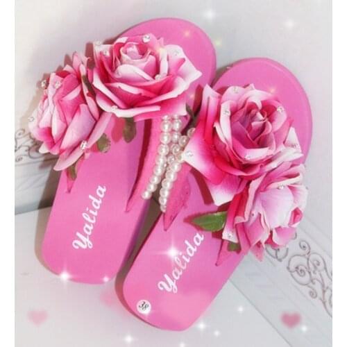 HAHAFLOWER Women flower sandals flip-flops summer platform wedge beach pearl slippers floral shoes