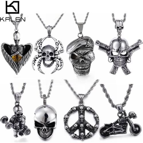 KALEN Stainless Steel Punk Skull Pendant Necklace Men Viking Skeleton Charm Twisted Long Chain Choker Gothic Jewellry