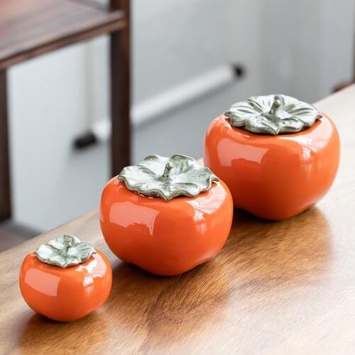 New Ceramic Persimmon Tea Cans Sealed Pot Household Storage Tea Pot Handmade Travel Tea Set Ornaments Creative Candy Storage Box
