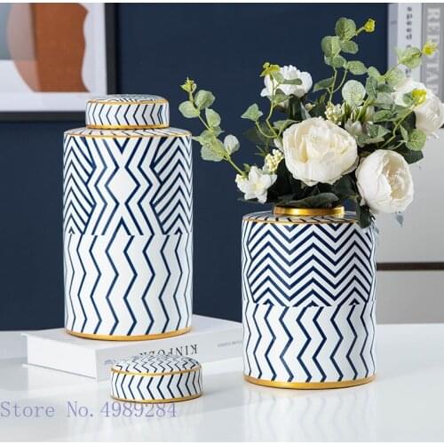 Ceramic Vase Striped Geometry with Cover Flower Vase Flower Arrangement Storage Tank Ceramic Handicraft Ornaments Decoration